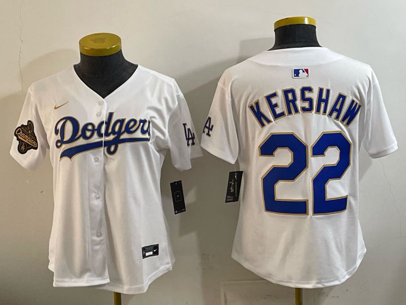 Women 2026 Los Angeles Dodgers #22 Kershaw White Gold Game Nike MLB Jersey style 06